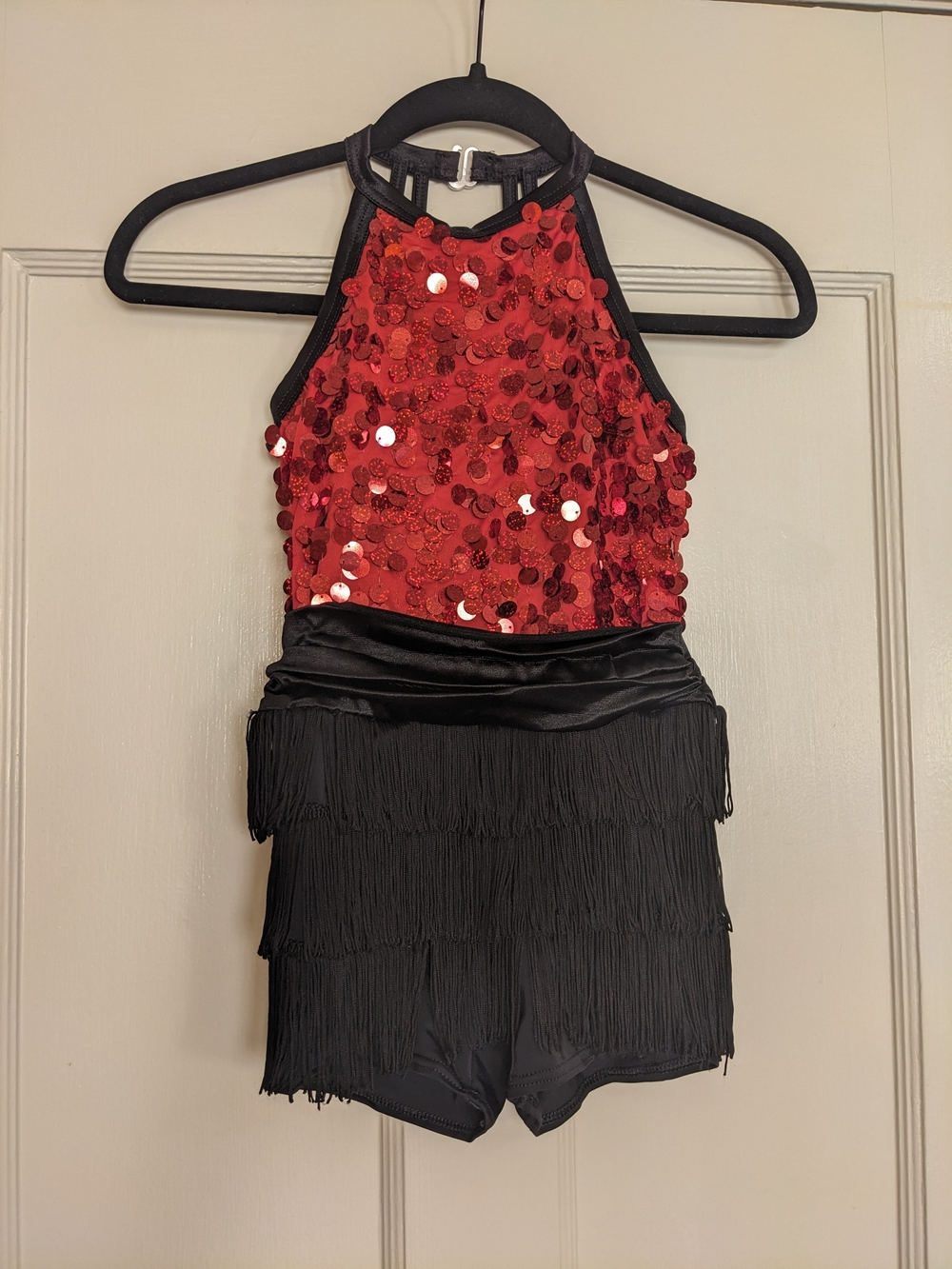 Weissman Biketard Red Sequin  Black Fringe Shorts. Kids Dance Costume.